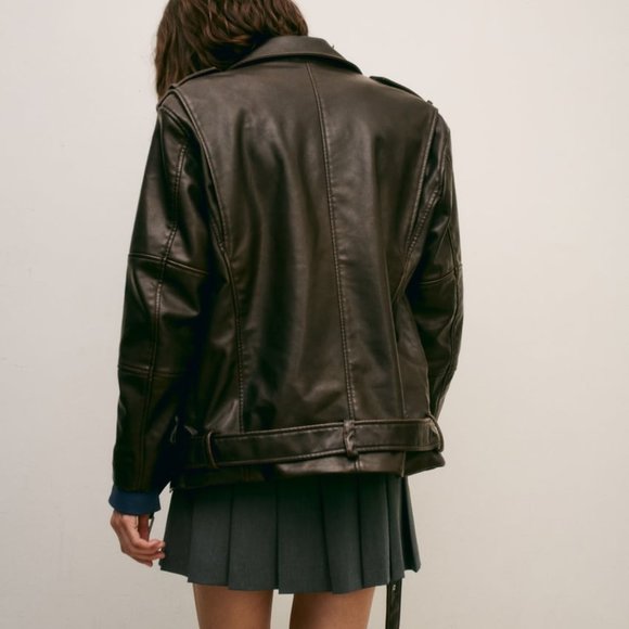 NWT ZARA WASHED FAUX LEATHER OVERSIZED BIKER JACKET DARK BROWN - Picture 3 of 11